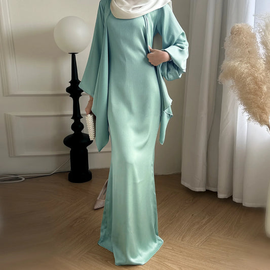 2 Piece Saudi Arabia Muslim Women Satin Abaya Dress for Women Islam Dubai Vacation Modest Clothing Elegant Turkish Robe