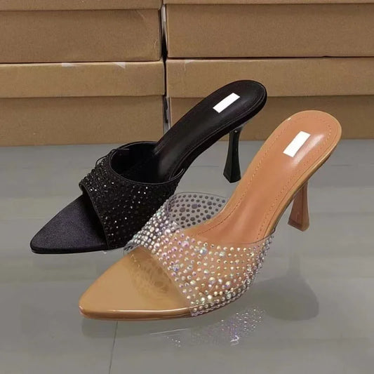 2025 Summer Ladies Sandals Pointed Open Toe High Heels Party Stilettos PVC Transparent Luxury Shining Diamond Woman Mules Shoes
