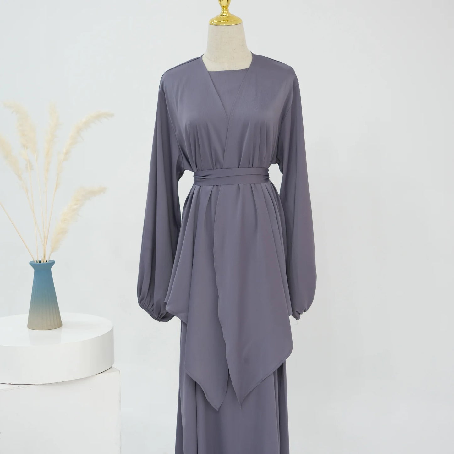 2 Piece Saudi Arabia Muslim Women Satin Abaya Dress for Women Islam Dubai Vacation Modest Clothing Elegant Turkish Robe