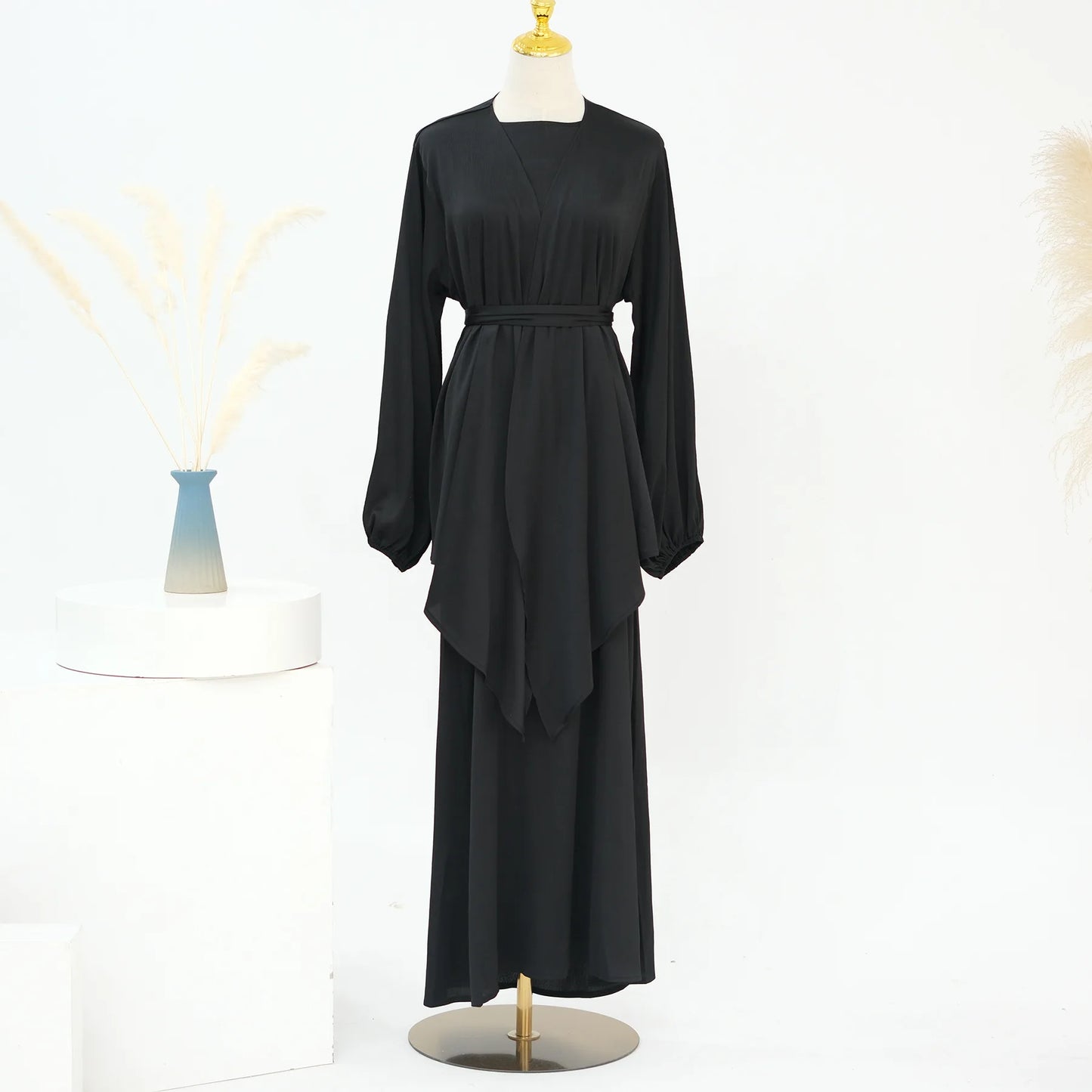 2 Piece Saudi Arabia Muslim Women Satin Abaya Dress for Women Islam Dubai Vacation Modest Clothing Elegant Turkish Robe