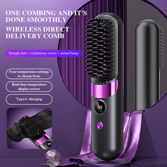 2025 New USB Charging Cordless Hair Straightener Brush-Portable Hair Straightening Brush LED Display for Women Travel Gift