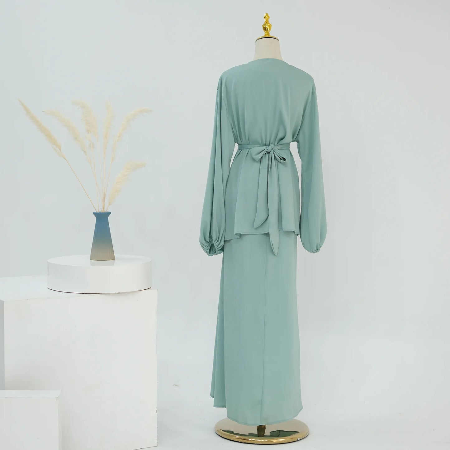 2 Piece Saudi Arabia Muslim Women Satin Abaya Dress for Women Islam Dubai Vacation Modest Clothing Elegant Turkish Robe