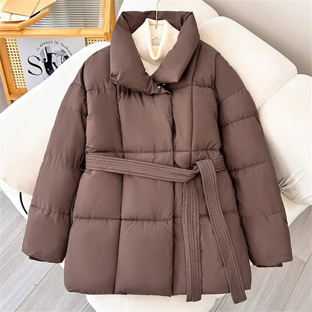 2025 Jacket With Belt Winter Jacket Woman Parkas Solid Thicken Warm Female Hooded Snow Wear Coat Cotton Padded Outwear Clothes
