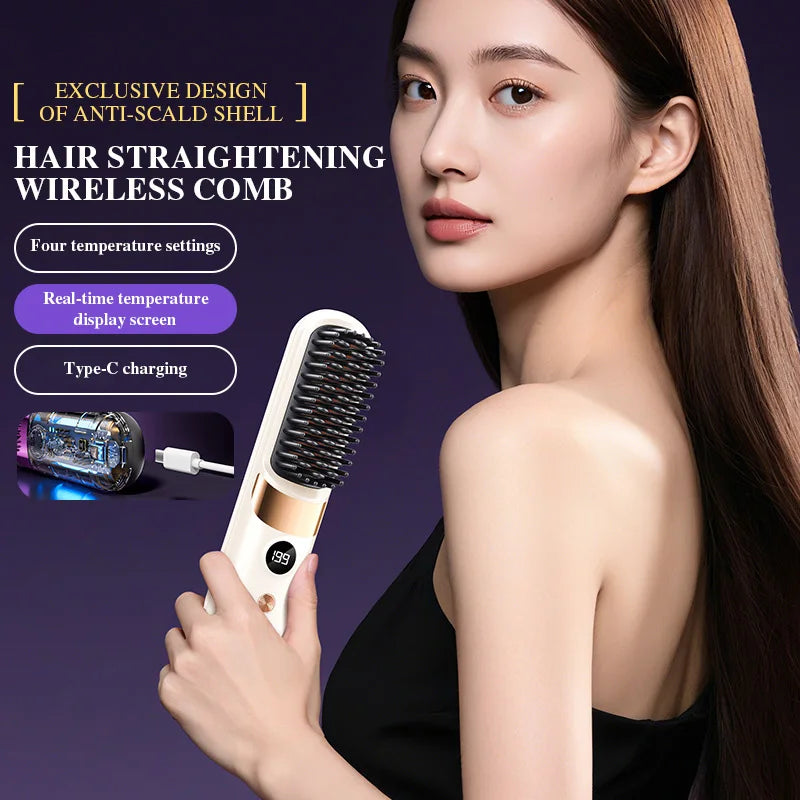 2025 New USB Charging Cordless Hair Straightener Brush-Portable Hair Straightening Brush LED Display for Women Travel Gift