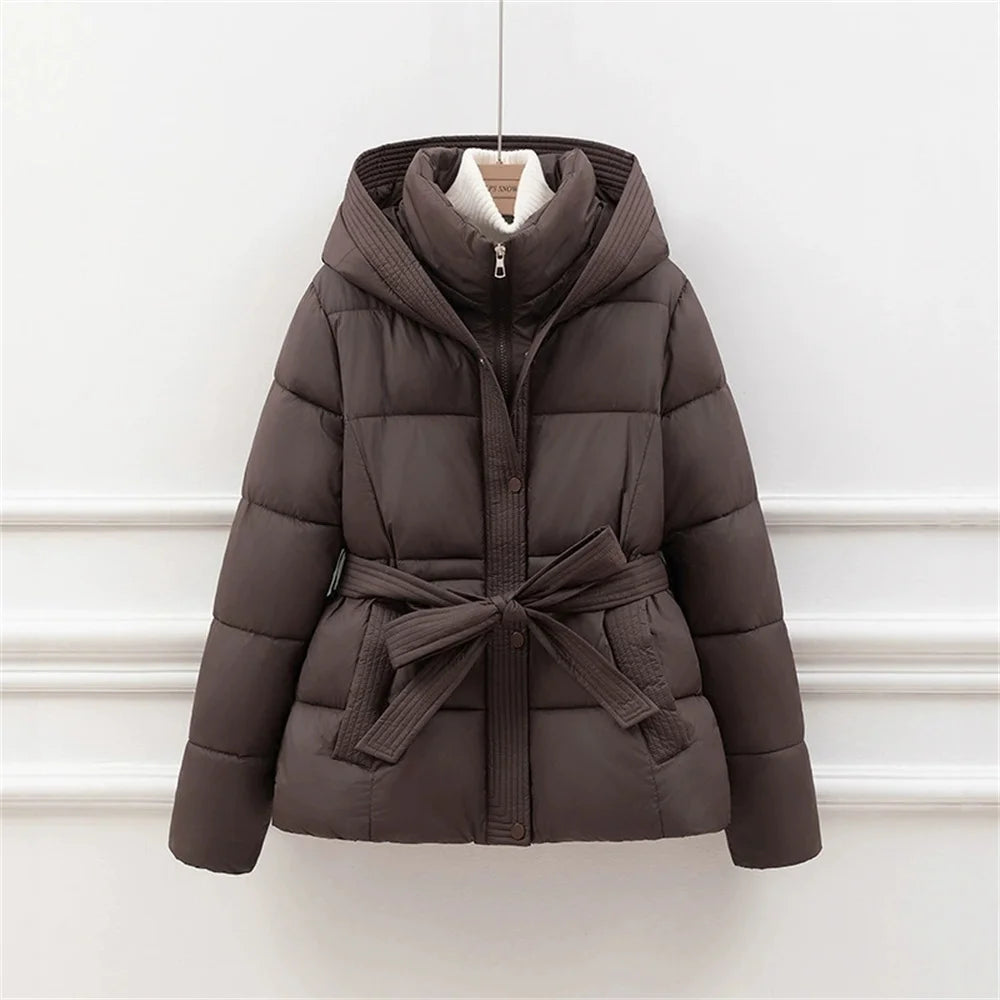2025 Jacket With Belt Winter Jacket Woman Parkas Solid Thicken Warm Female Hooded Snow Wear Coat Cotton Padded Outwear Clothes