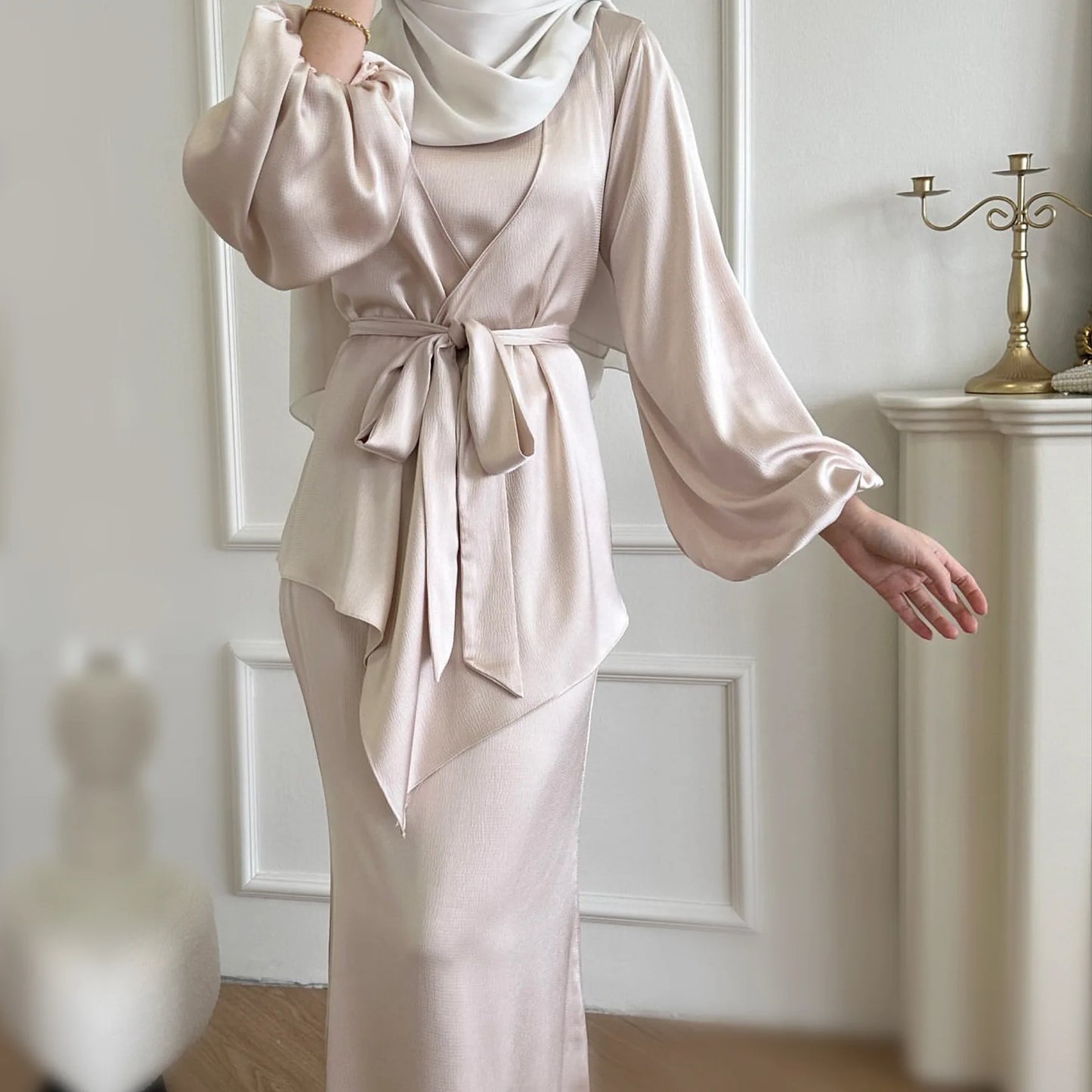 2 Piece Saudi Arabia Muslim Women Satin Abaya Dress for Women Islam Dubai Vacation Modest Clothing Elegant Turkish Robe