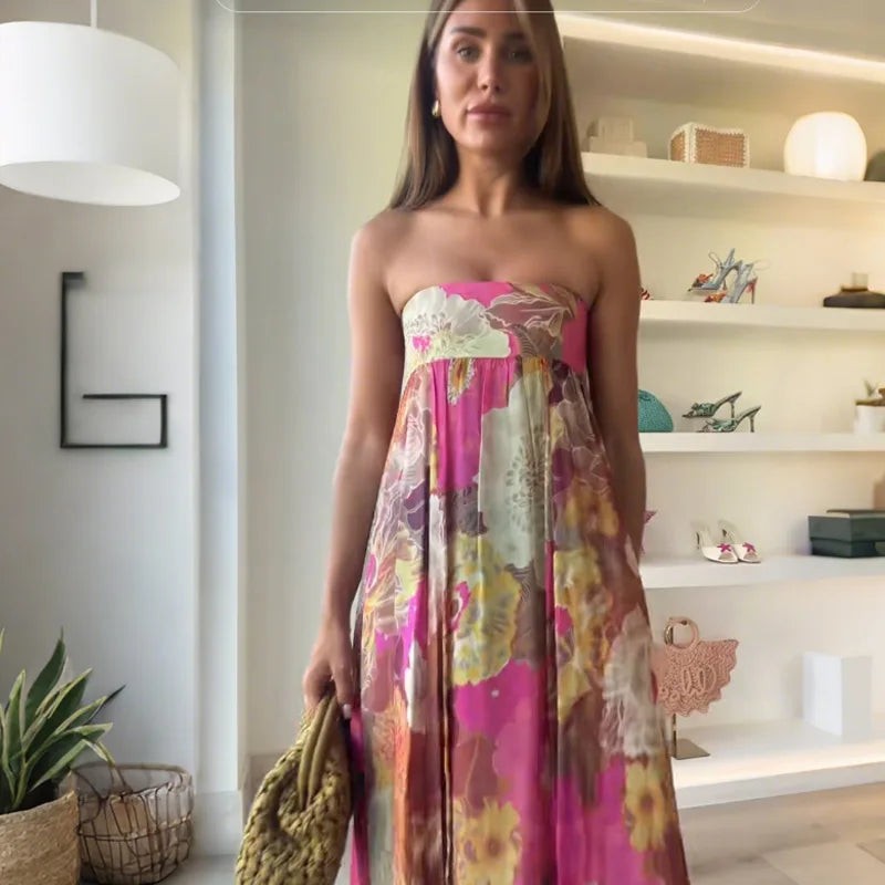 2025 Summer Strapless Dress Printed Women Long Dress Backless Pleats A-line Large Hem Robe Elegant Female Party Holiday Vestidos