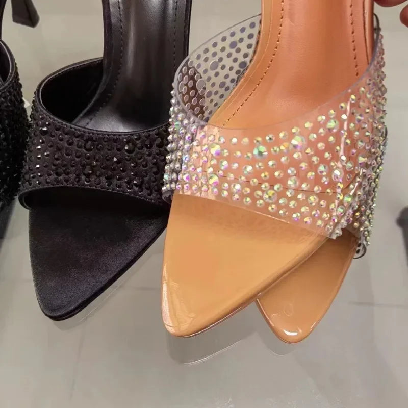2025 Summer Ladies Sandals Pointed Open Toe High Heels Party Stilettos PVC Transparent Luxury Shining Diamond Woman Mules Shoes