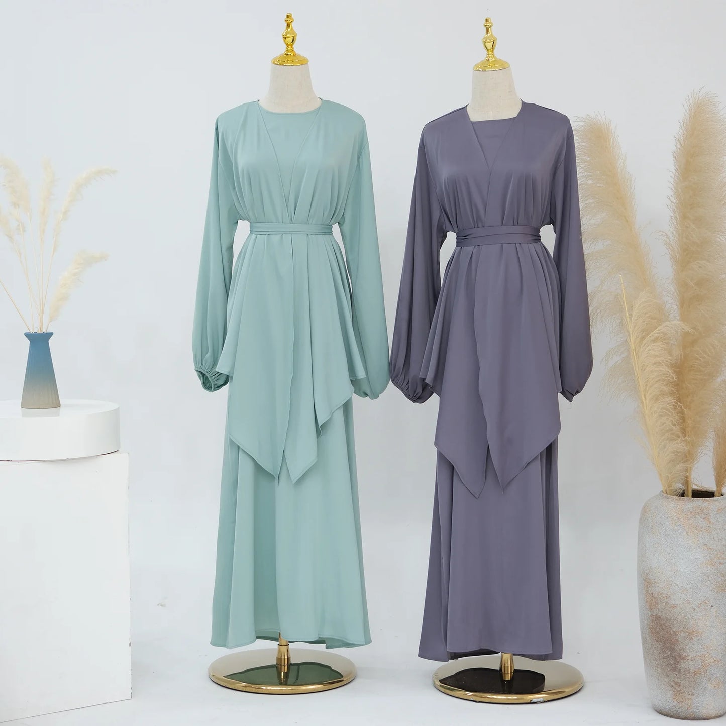 2 Piece Saudi Arabia Muslim Women Satin Abaya Dress for Women Islam Dubai Vacation Modest Clothing Elegant Turkish Robe