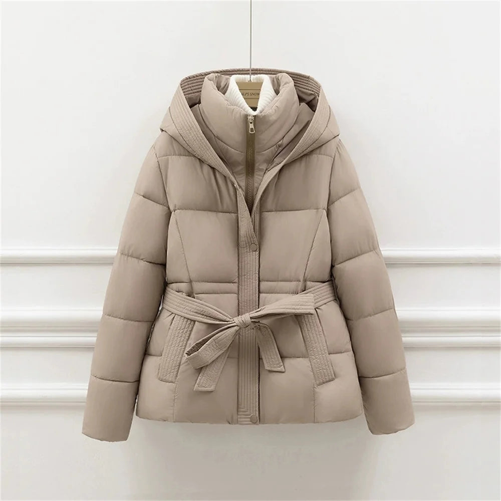 2025 Jacket With Belt Winter Jacket Woman Parkas Solid Thicken Warm Female Hooded Snow Wear Coat Cotton Padded Outwear Clothes