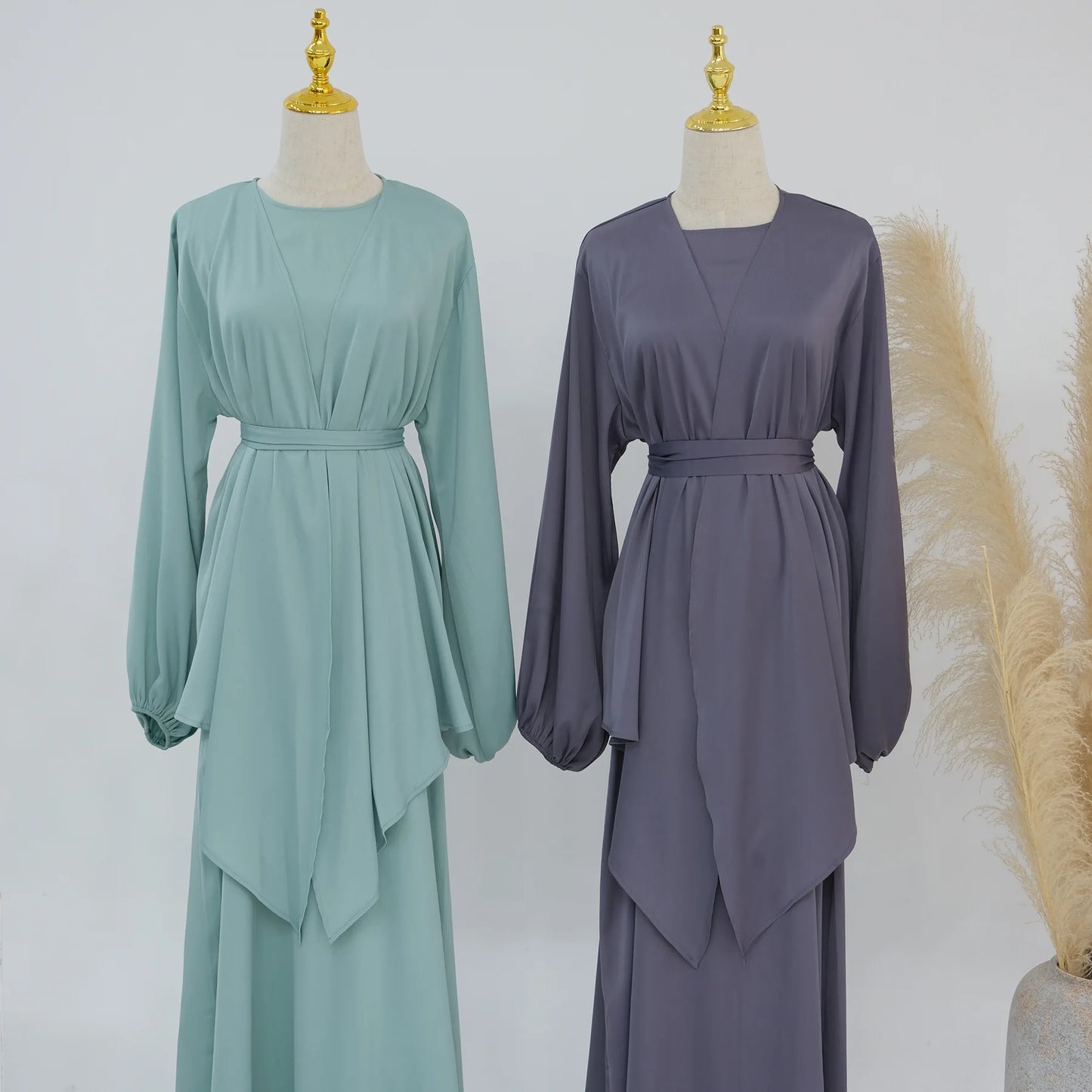 2 Piece Saudi Arabia Muslim Women Satin Abaya Dress for Women Islam Dubai Vacation Modest Clothing Elegant Turkish Robe