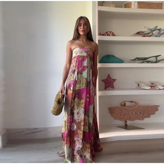 2025 Summer Strapless Dress Printed Women Long Dress Backless Pleats A-line Large Hem Robe Elegant Female Party Holiday Vestidos