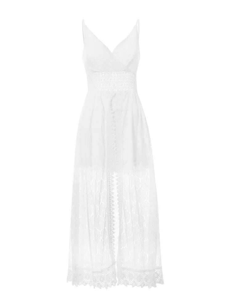 2025 Summer Women Lace Playsuit Dress Sleeveless V Neck Hollow Out Irregular Midi Dress Sexy Elegant Casual Bohemian Dresses