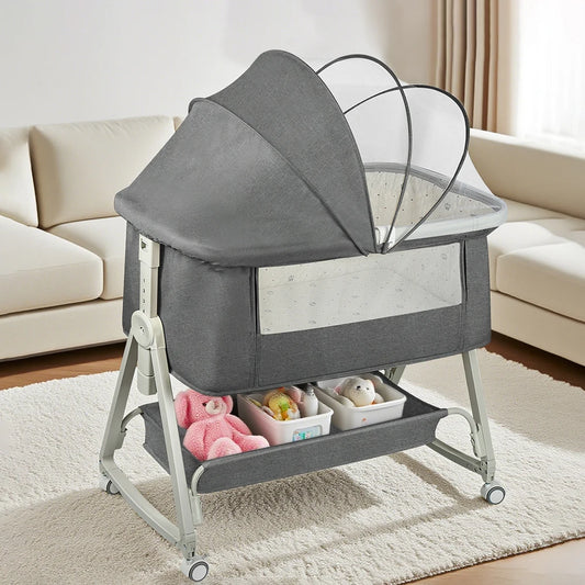 4-in-1 Baby Co-Sleeping Crib, Adjustable to 6 Positions, with Mattress, 15° Incline, Wheels with Brakes, Baby Crib 0-24 Months