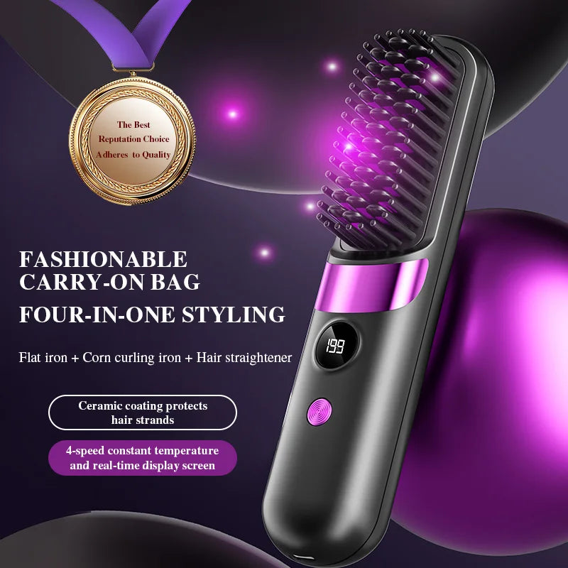 2025 New USB Charging Cordless Hair Straightener Brush-Portable Hair Straightening Brush LED Display for Women Travel Gift