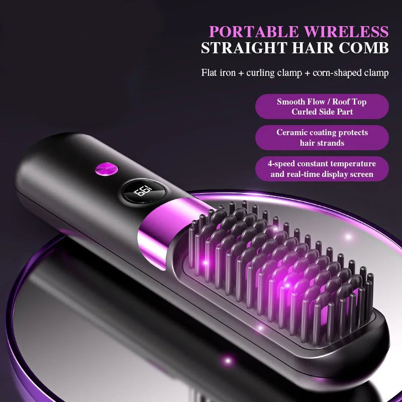 2025 New USB Charging Cordless Hair Straightener Brush-Portable Hair Straightening Brush LED Display for Women Travel Gift