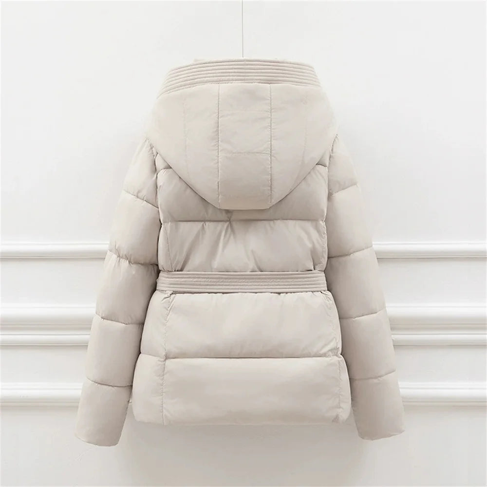 2025 Jacket With Belt Winter Jacket Woman Parkas Solid Thicken Warm Female Hooded Snow Wear Coat Cotton Padded Outwear Clothes