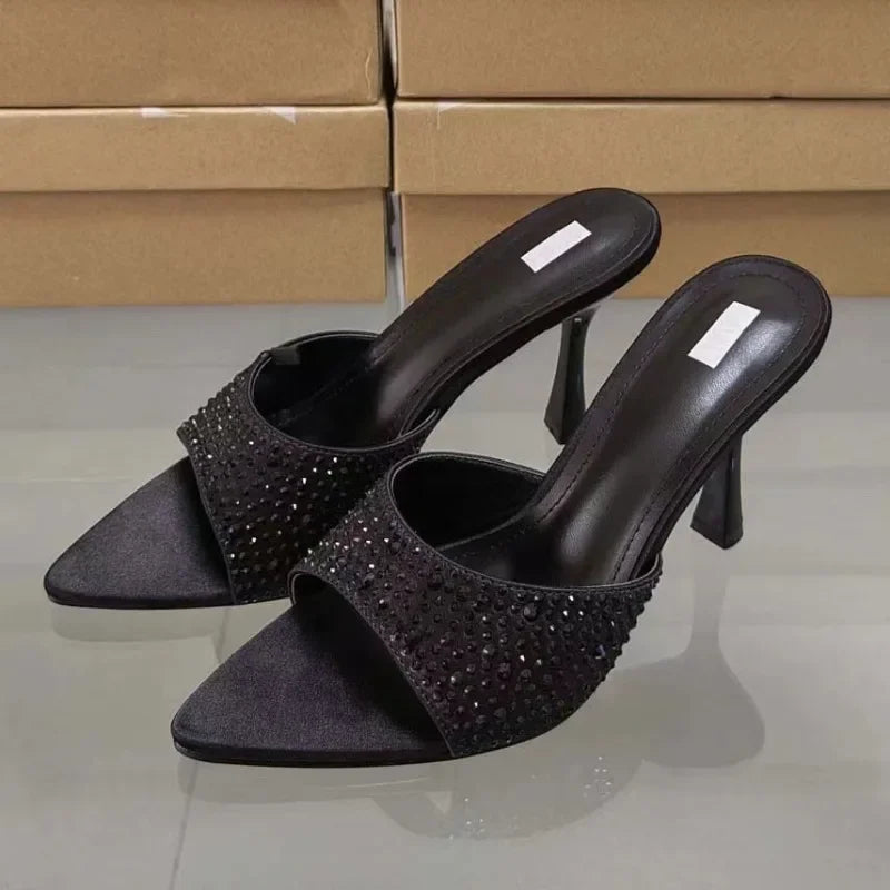 2025 Summer Ladies Sandals Pointed Open Toe High Heels Party Stilettos PVC Transparent Luxury Shining Diamond Woman Mules Shoes