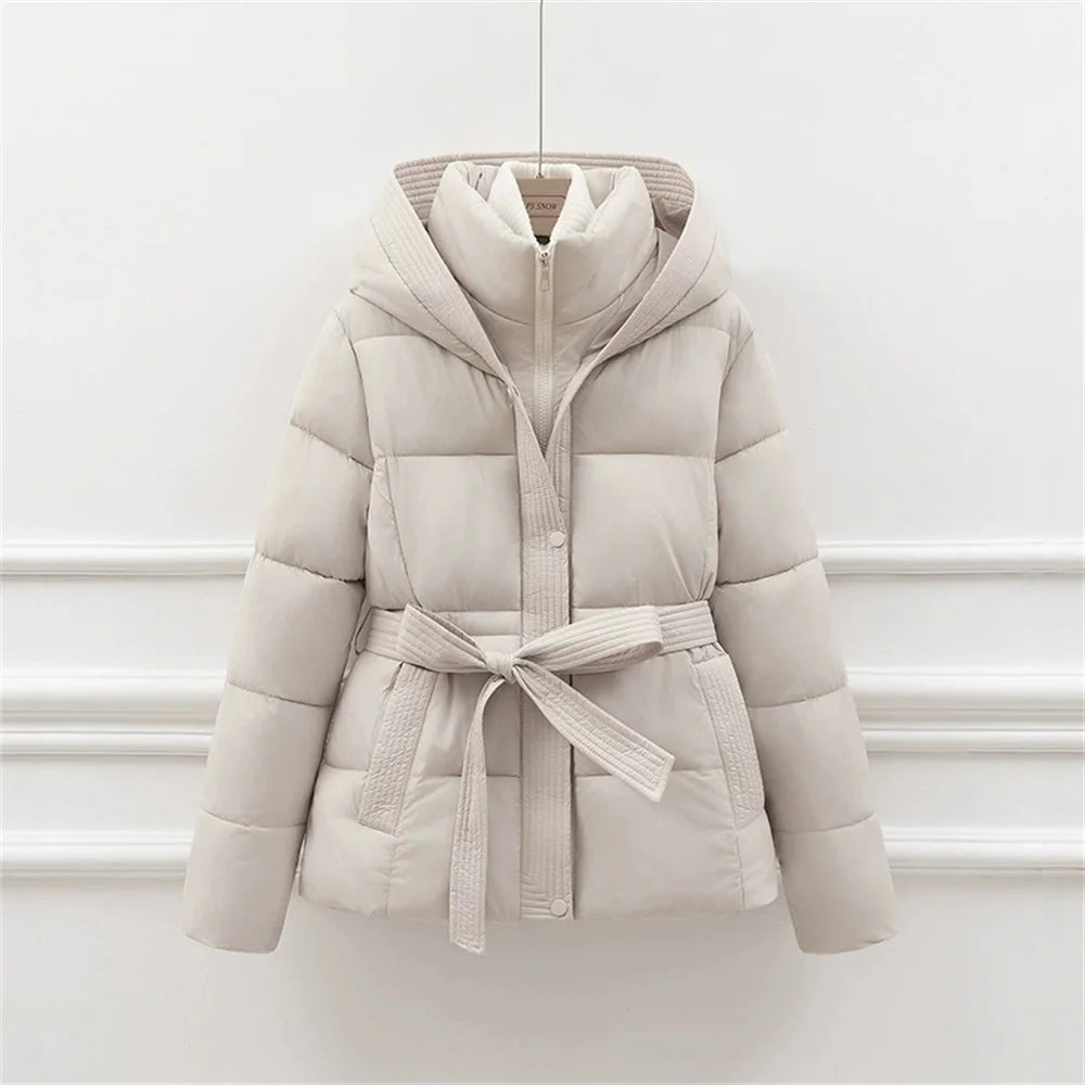 2025 Jacket With Belt Winter Jacket Woman Parkas Solid Thicken Warm Female Hooded Snow Wear Coat Cotton Padded Outwear Clothes