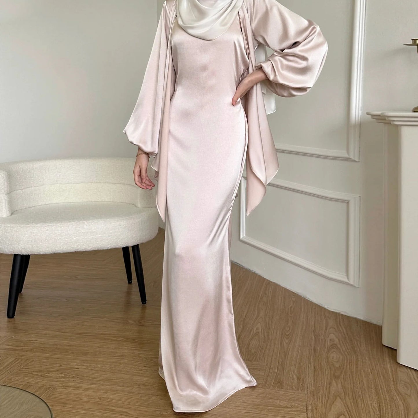 2 Piece Saudi Arabia Muslim Women Satin Abaya Dress for Women Islam Dubai Vacation Modest Clothing Elegant Turkish Robe