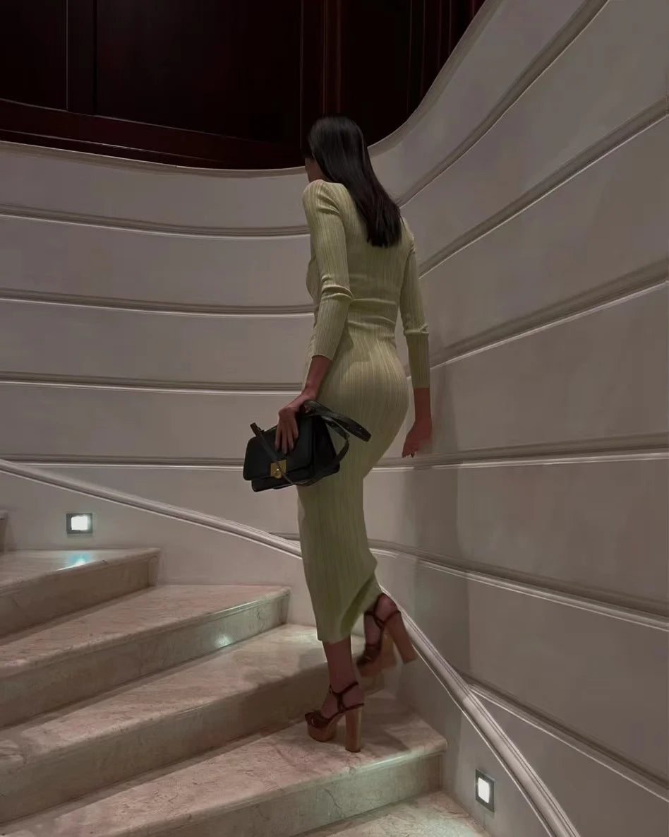 2024 Women Spring Solid Maxi Long Sweater Dress Elegant Casual Fashion Pullover Bodycon Slim Streetwear Knitted Dress Autumn