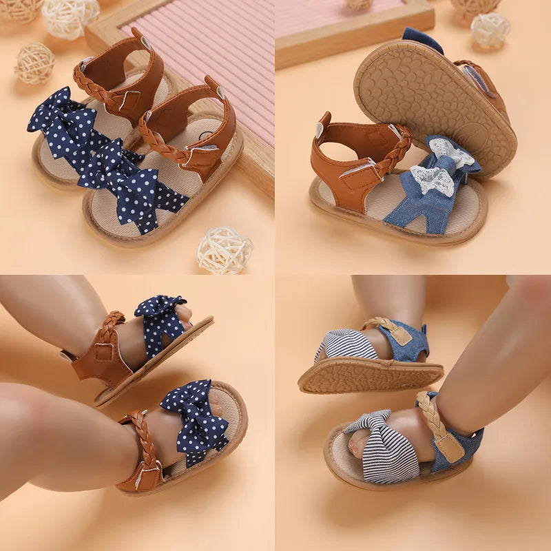2025 Infant Baby Girls Summer Sandals with Flower Bowknot Soft Sole Wedding Dress Flats Newborn First Walkers Crib Dress Shoes
