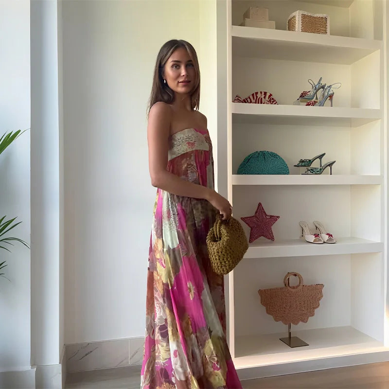 2025 Summer Strapless Dress Printed Women Long Dress Backless Pleats A-line Large Hem Robe Elegant Female Party Holiday Vestidos