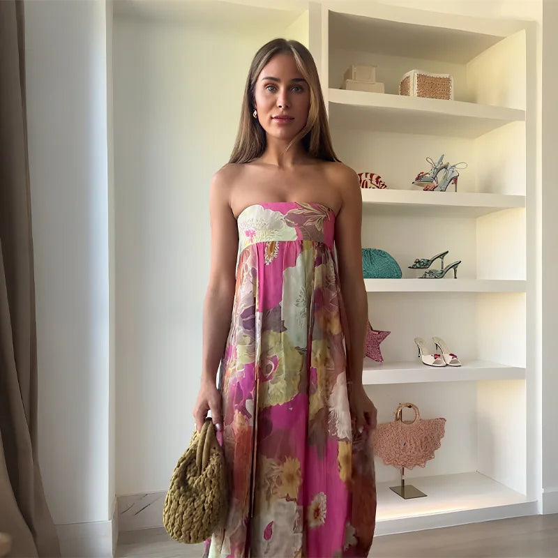 2025 Summer Strapless Dress Printed Women Long Dress Backless Pleats A-line Large Hem Robe Elegant Female Party Holiday Vestidos