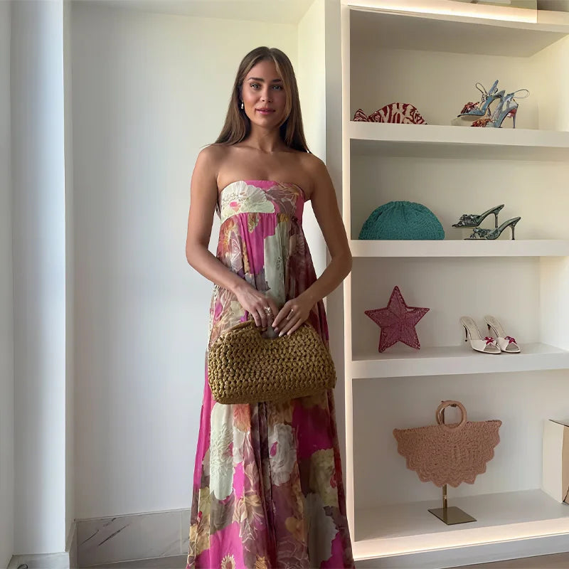 2025 Summer Strapless Dress Printed Women Long Dress Backless Pleats A-line Large Hem Robe Elegant Female Party Holiday Vestidos