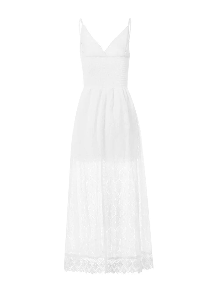 2025 Summer Women Lace Playsuit Dress Sleeveless V Neck Hollow Out Irregular Midi Dress Sexy Elegant Casual Bohemian Dresses