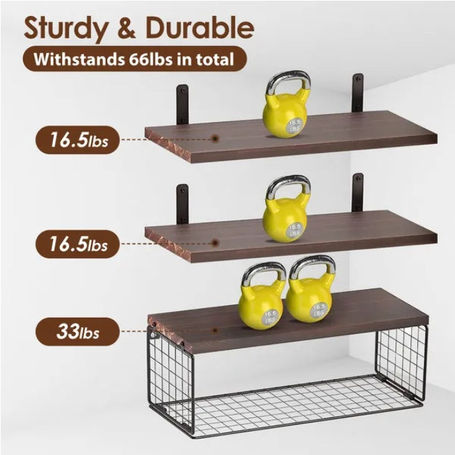 2 In 1 Floating Shelves Wall Mounted With Storage Basket